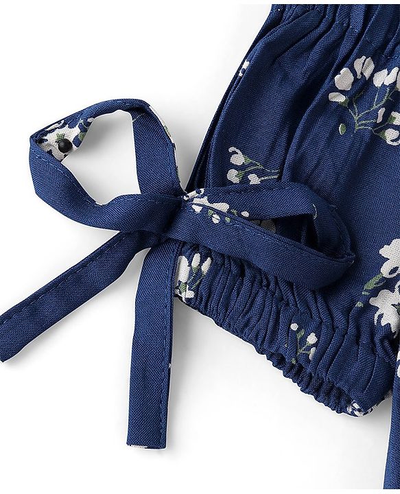 Babyhug Rayon Cold Shoulder Top With Bow Detailing & Floral Print - Navy Blue