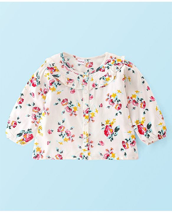 Babyhug 100% Rayon Full Sleeves Top Floral Print with Frill Detailing - Off White