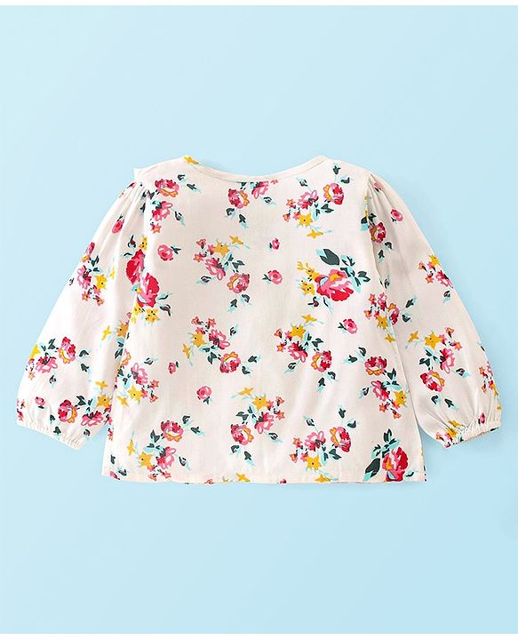 Babyhug 100% Rayon Full Sleeves Top Floral Print with Frill Detailing - Off White
