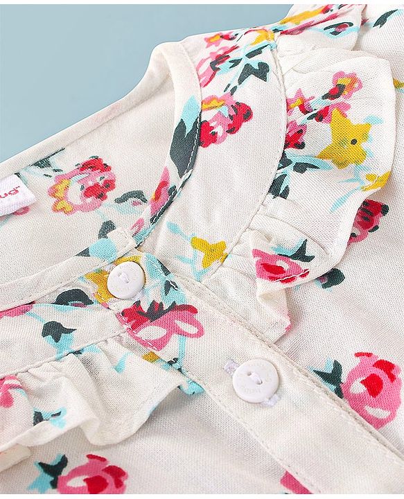 Babyhug 100% Rayon Full Sleeves Top Floral Print with Frill Detailing - Off White