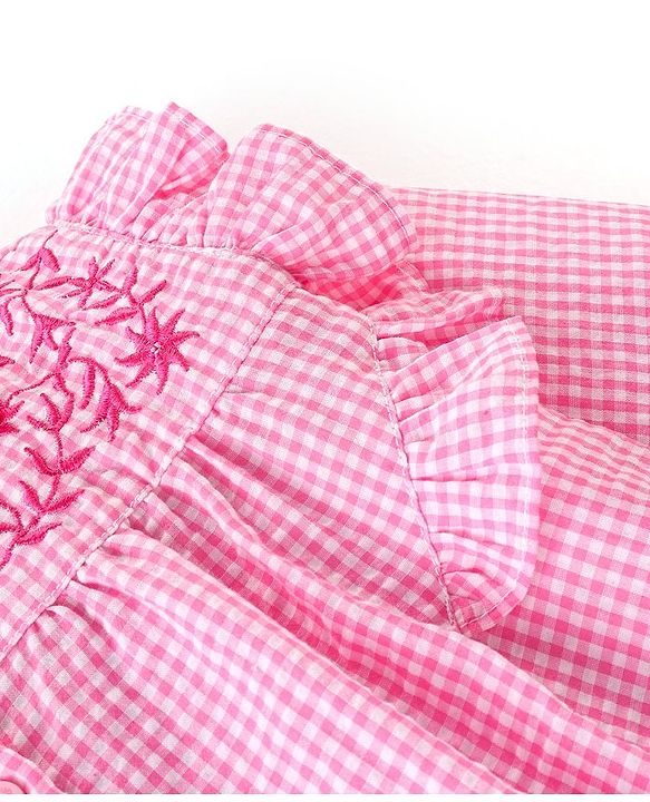 Babyhug Seer Sucker Full Sleeves Checkered Top with Embroidery & Frill Detailing - Pink