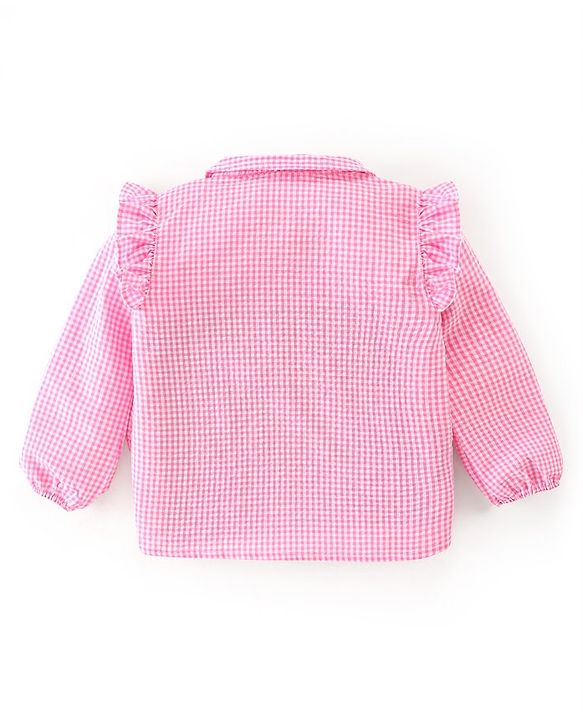 Babyhug Seer Sucker Full Sleeves Checkered Top with Embroidery & Frill Detailing - Pink