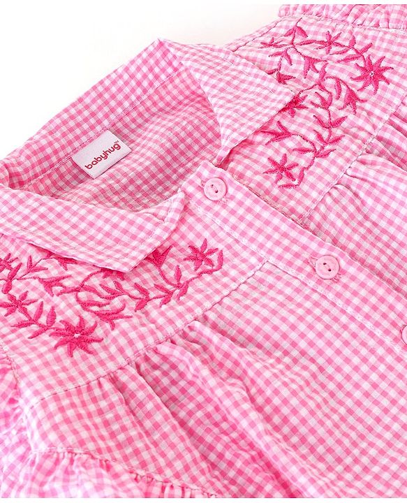 Babyhug Seer Sucker Full Sleeves Checkered Top with Embroidery & Frill Detailing - Pink