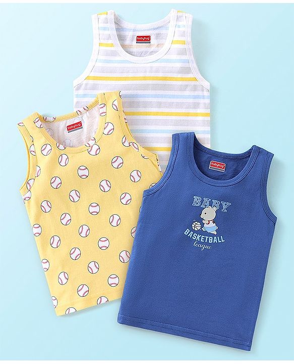 Babyhug 100% Cotton Knit Sleeveless Striped Sandos Balls Print Pack of 3 - Multicolour