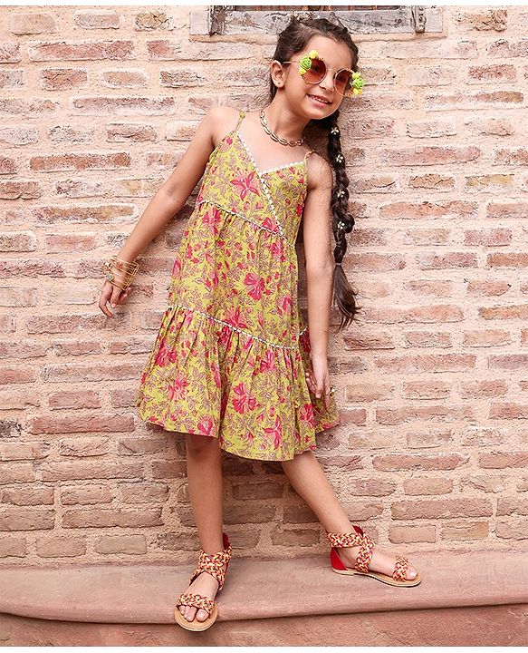 Babyhug 100% Cotton Singlet Sleeves Overlap Ethnic Dress With Floral Print - Mustard