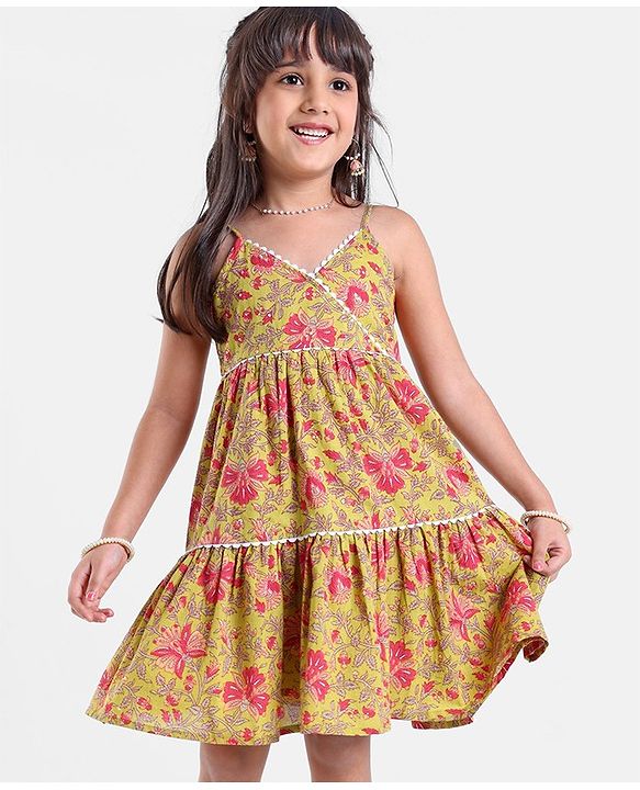 Babyhug 100% Cotton Singlet Sleeves Overlap Ethnic Dress With Floral Print - Mustard