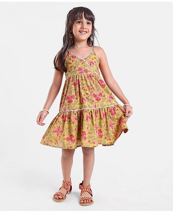 Babyhug 100% Cotton Singlet Sleeves Overlap Ethnic Dress With Floral Print - Mustard