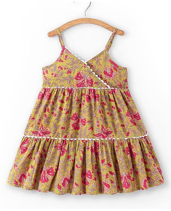 Babyhug 100% Cotton Singlet Sleeves Overlap Ethnic Dress With Floral Print - Mustard