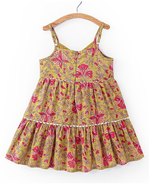 Babyhug 100% Cotton Singlet Sleeves Overlap Ethnic Dress With Floral Print - Mustard