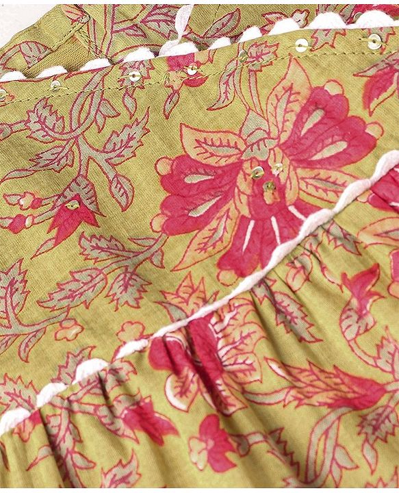 Babyhug 100% Cotton Singlet Sleeves Overlap Ethnic Dress With Floral Print - Mustard