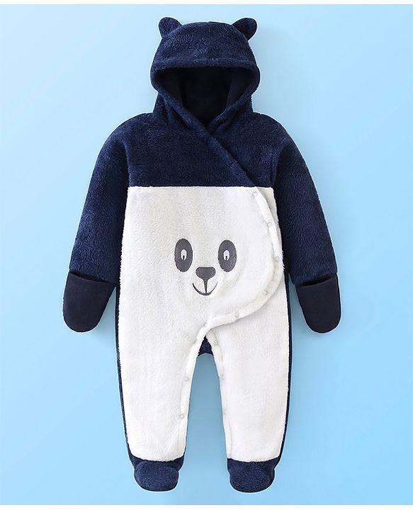 Babyhug Knitted Full Sleeves Winter Wear Hooded Romper with Panda Embroidery - Navy