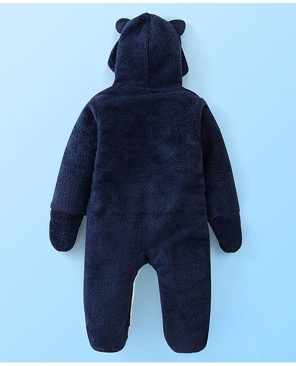 Babyhug Knitted Full Sleeves Winter Wear Hooded Romper with Panda Embroidery - Navy