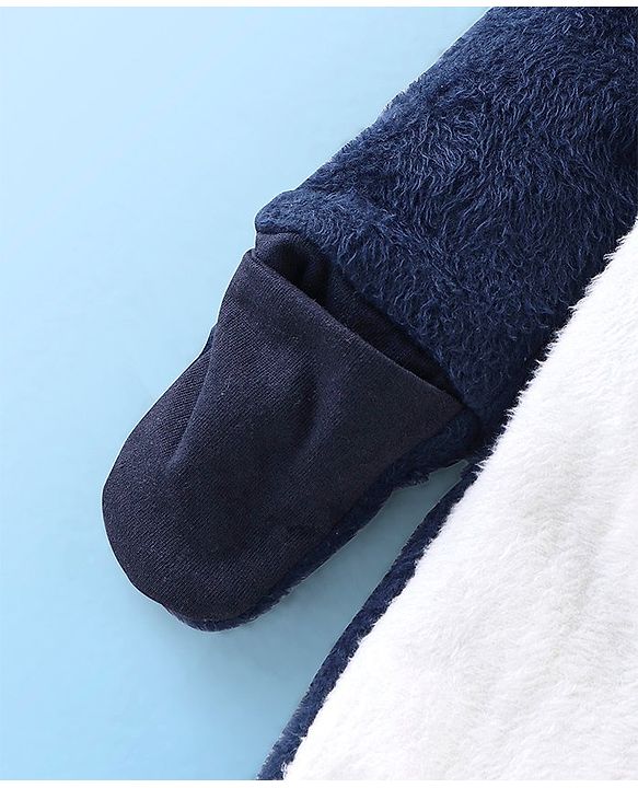 Babyhug Knitted Full Sleeves Winter Wear Hooded Romper with Panda Embroidery - Navy