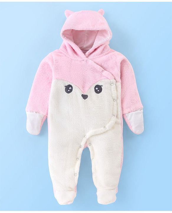 Babyhug Knit Full Sleeves Winter Wear Romper with Eyes Applique - Pink