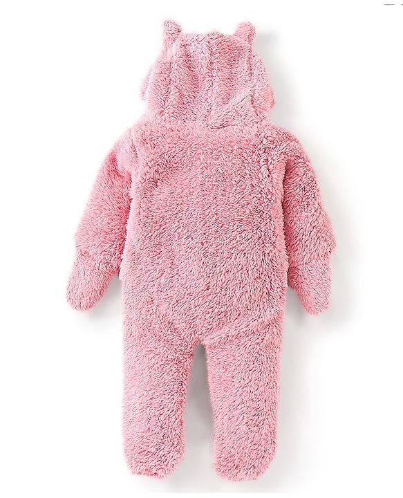 Babyhug Full Sleeves Hooded Winterwear Romper with Kitty Embroidered - Pink