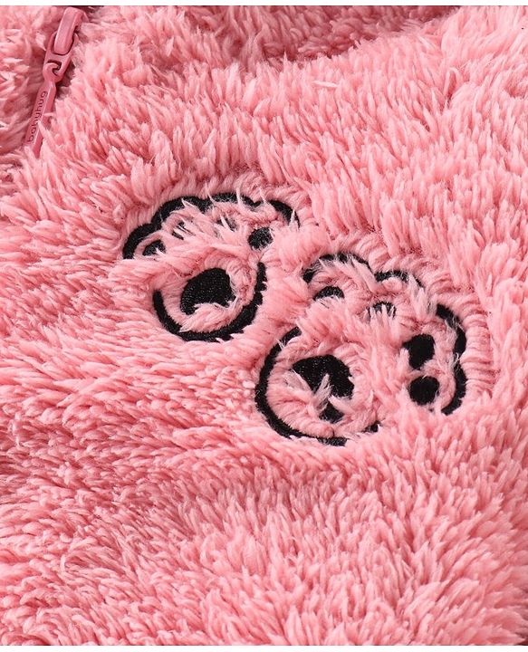 Babyhug Full Sleeves Hooded Winterwear Romper with Kitty Embroidered - Pink