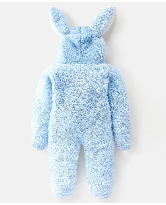 Babyhug Cotton Knit Winter Wear Full Sleeves Hooded Romper with Kitty Design & Bunny Ears - Blue