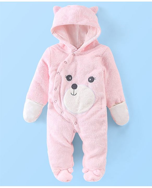 Babyhug Knitted Full Sleeves Hooded Winter Wear Romper with Teddy Applique - Pink