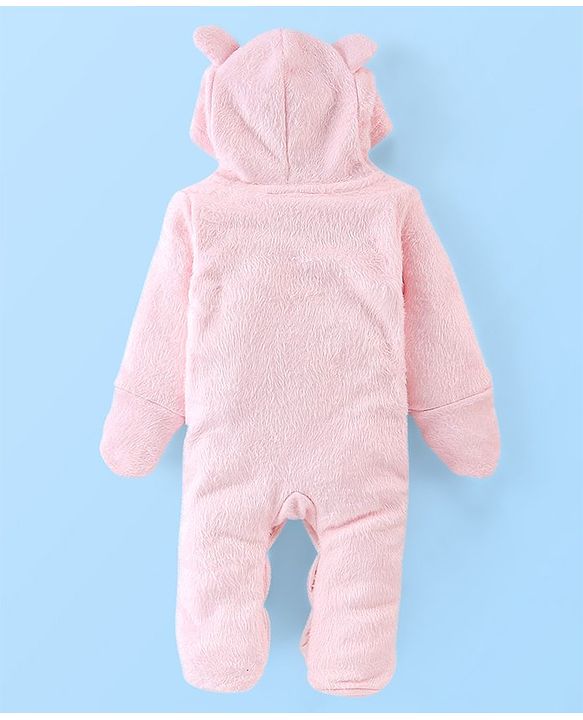 Babyhug Knitted Full Sleeves Hooded Winter Wear Romper with Teddy Applique - Pink