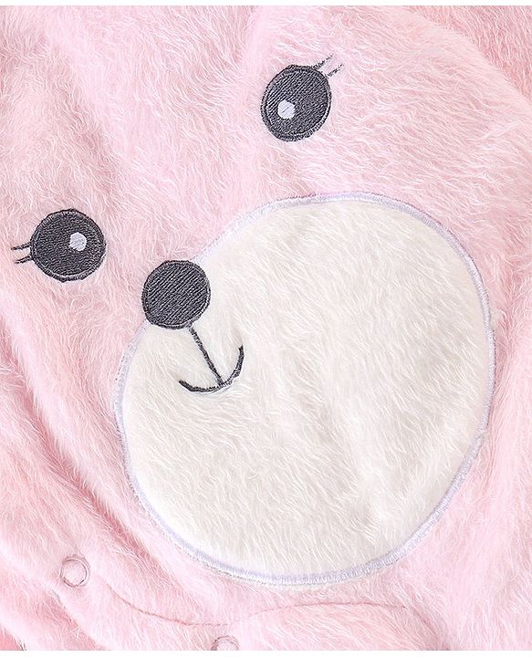Babyhug Knitted Full Sleeves Hooded Winter Wear Romper with Teddy Applique - Pink