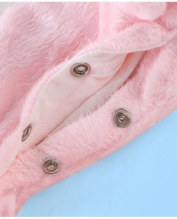 Babyhug Knitted Full Sleeves Hooded Winter Wear Romper with Teddy Applique - Pink