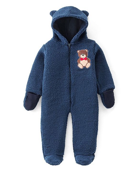 Babyhug Knitted Full Sleeves Winter Wear Romper With Teddy Applique - Navy Blue