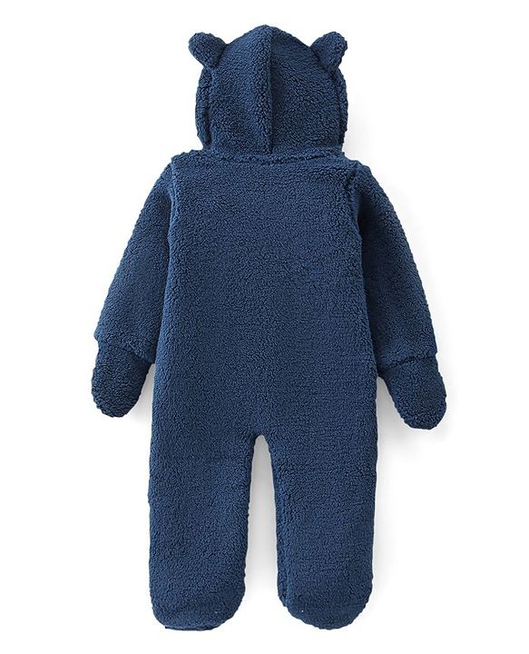 Babyhug Knitted Full Sleeves Winter Wear Romper With Teddy Applique - Navy Blue