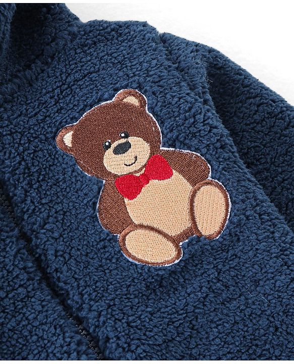 Babyhug Knitted Full Sleeves Winter Wear Romper With Teddy Applique - Navy Blue