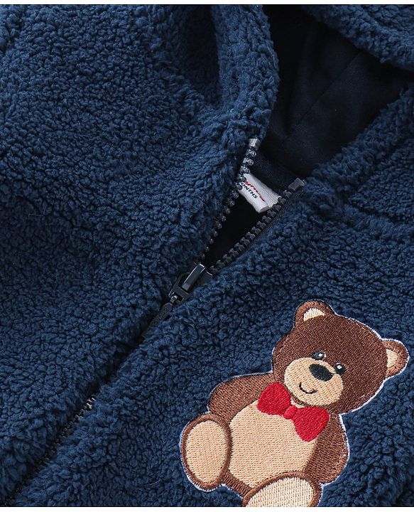 Babyhug Knitted Full Sleeves Winter Wear Romper With Teddy Applique - Navy Blue