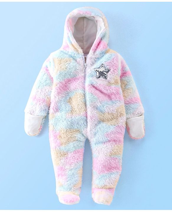 Babyhug Full Sleeves Winter Wear Tie Dye Hooded Romper - Pink Blue & White