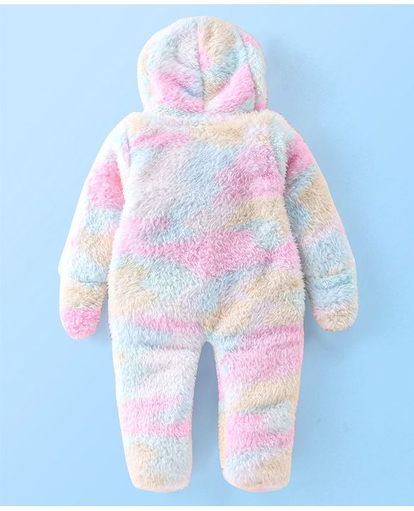 Babyhug Full Sleeves Winter Wear Tie Dye Hooded Romper - Pink Blue & White