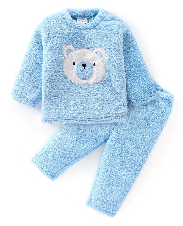 Babyhug Full Sleeves Winter Wear Top & Pajama Set Teddy Applique - Blue