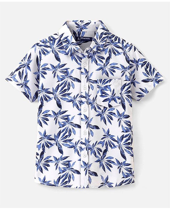 Pine Kids Viscose Woven Half Sleeves Leaf Printed Shirt - White & Blue