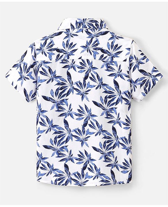 Pine Kids Viscose Woven Half Sleeves Leaf Printed Shirt - White & Blue