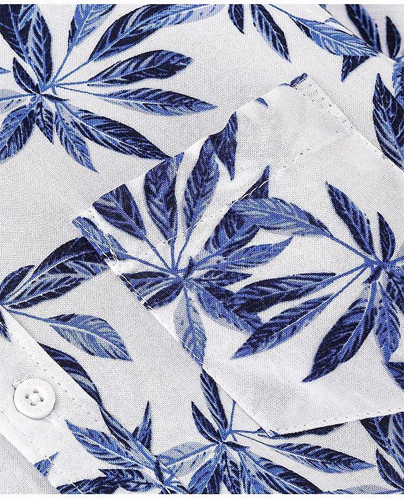 Pine Kids Viscose Woven Half Sleeves Leaf Printed Shirt - White & Blue