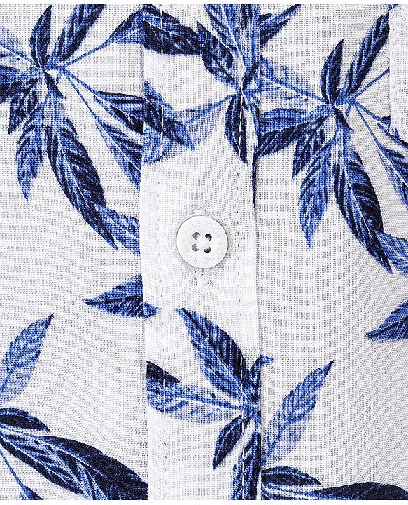 Pine Kids Viscose Woven Half Sleeves Leaf Printed Shirt - White & Blue