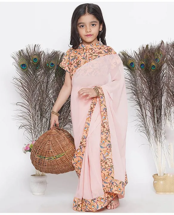 Little Bansi Half Sleeves Floral Hand Block Printed Blouse With Ready To  Wear Saree - Peach