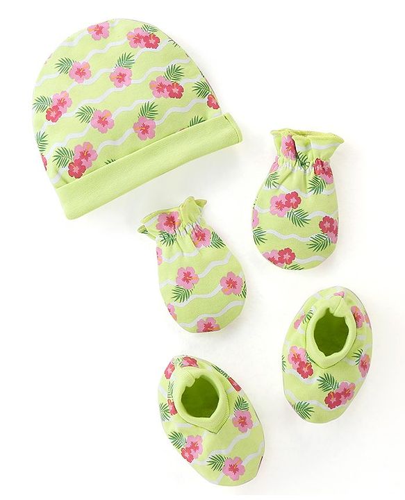 Babyhug 100%  Cotton Cap Mittens And Booties Floral Print -  Green