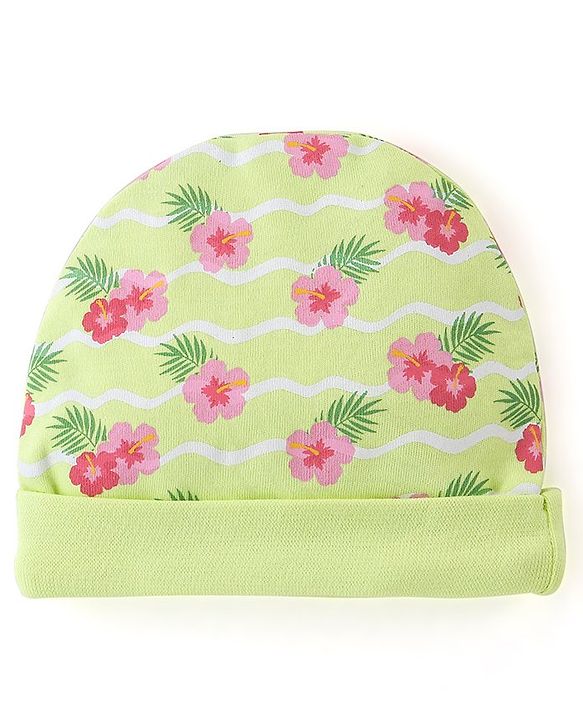 Babyhug 100%  Cotton Cap Mittens And Booties Floral Print -  Green