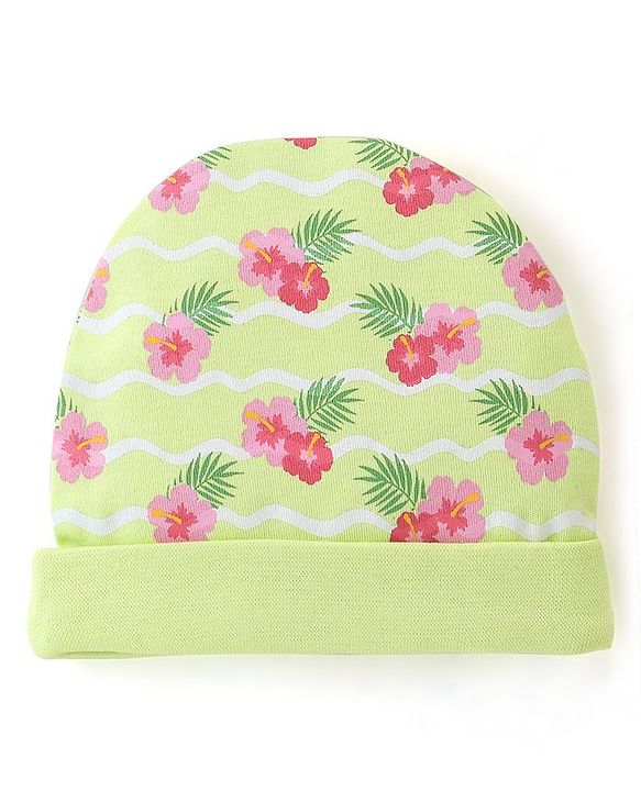 Babyhug 100%  Cotton Cap Mittens And Booties Floral Print -  Green