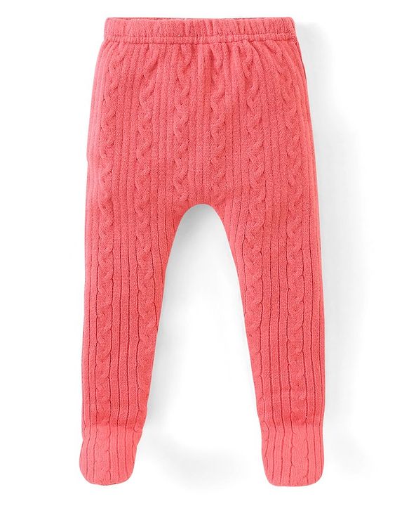 Babyhug Knit Footed Woolen Pant with Cable Knit Design - Pink