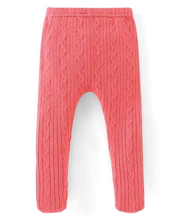 Babyhug Knit Footed Woolen Pant with Cable Knit Design - Pink