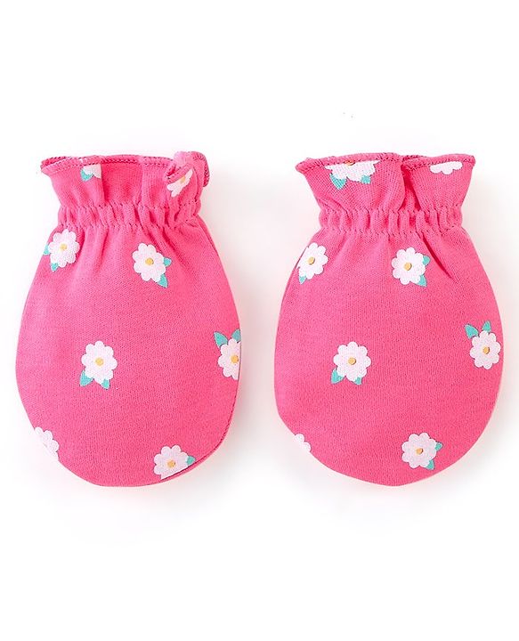 Babyhug 100% Cotton Cap Mittens And Booties Floral Print -  Pink