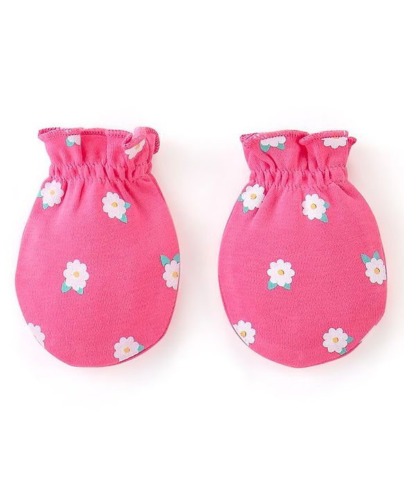 Babyhug 100% Cotton Cap Mittens And Booties Floral Print -  Pink