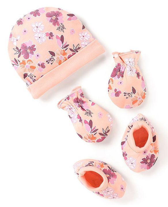 Babyhug 100% Cotton Knit Flower Printed Cap Mittens & Booties Set- Peach