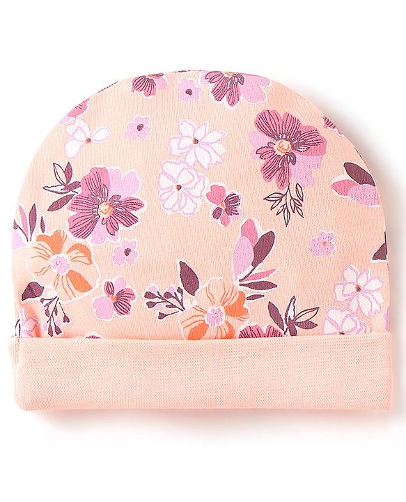 Babyhug 100% Cotton Knit Flower Printed Cap Mittens & Booties Set- Peach