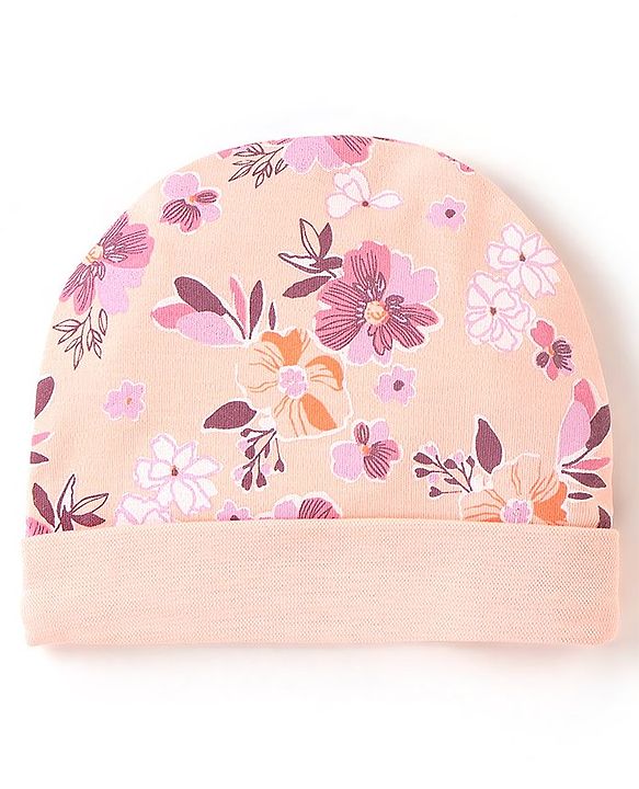 Babyhug 100% Cotton Knit Flower Printed Cap Mittens & Booties Set- Peach