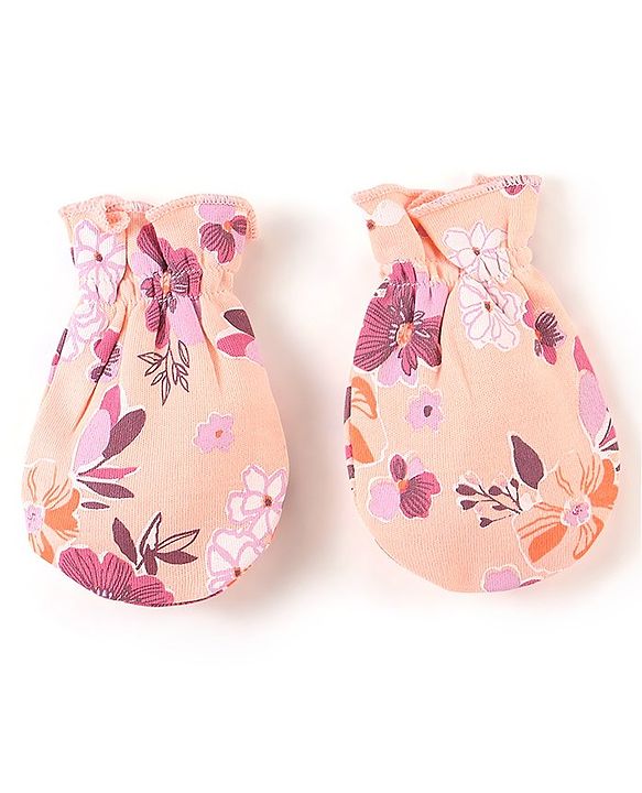 Babyhug 100% Cotton Knit Flower Printed Cap Mittens & Booties Set- Peach