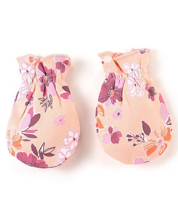 Babyhug 100% Cotton Knit Flower Printed Cap Mittens & Booties Set- Peach