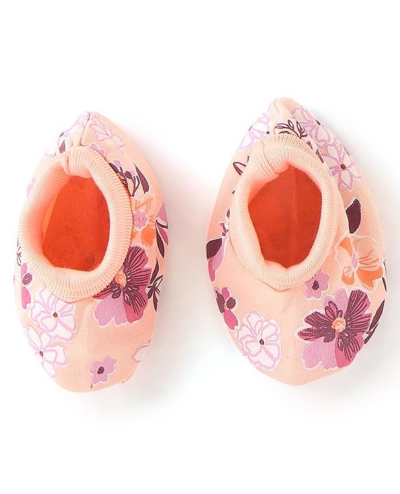 Babyhug 100% Cotton Knit Flower Printed Cap Mittens & Booties Set- Peach